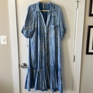 Free People Blue Oversized Short Sleeve Button Up Maxi Dress Size L